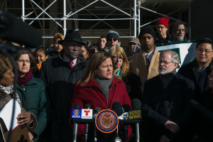Speaker Melissa Mark-Viverito joins Elected Officials in Calling for Stronger Regulation Laws. Image Credit to William Alatriste, NYC Council